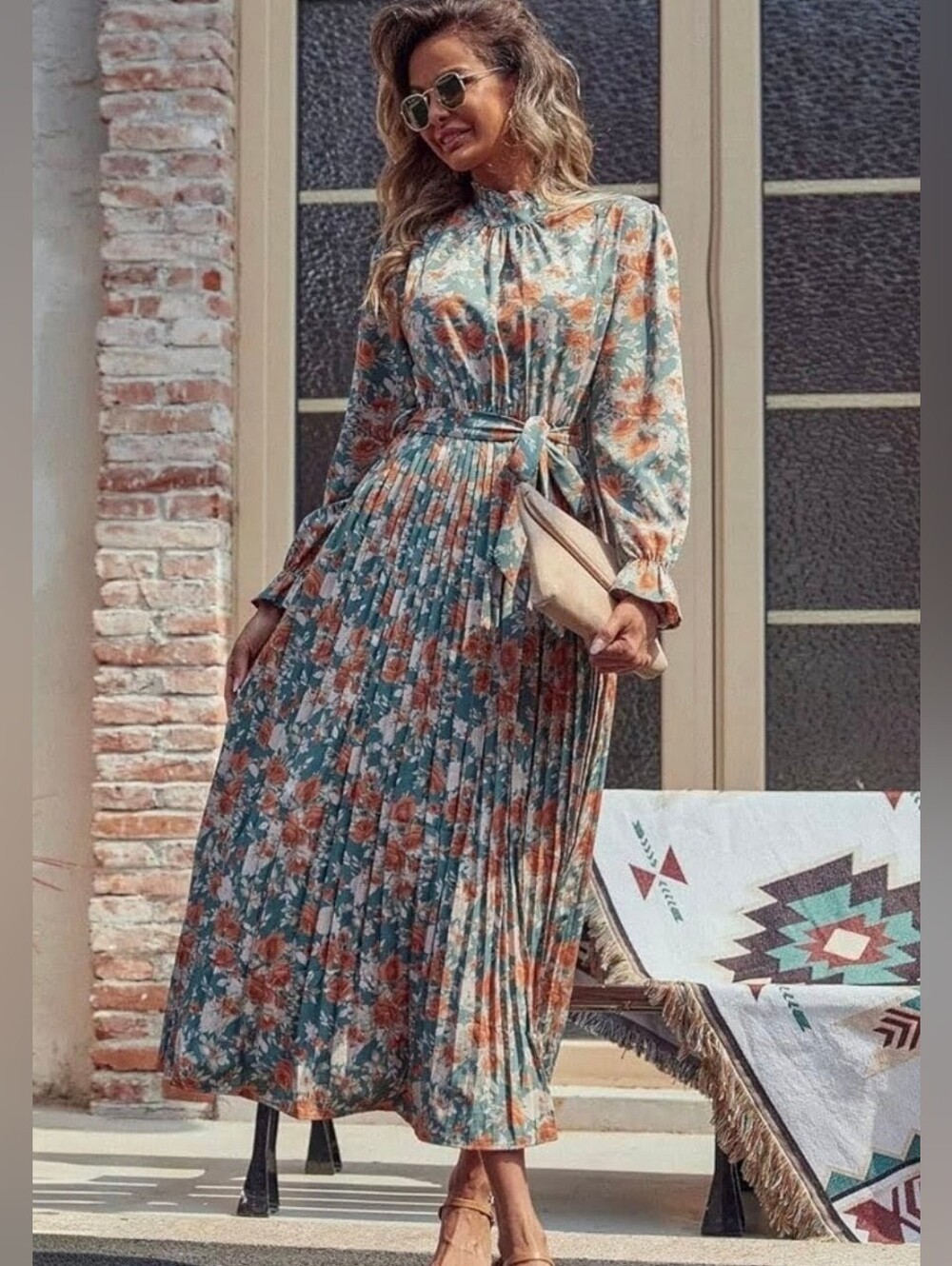 Haokeke Tied Pleated Printed Mock Neck Long Sleeve Dress